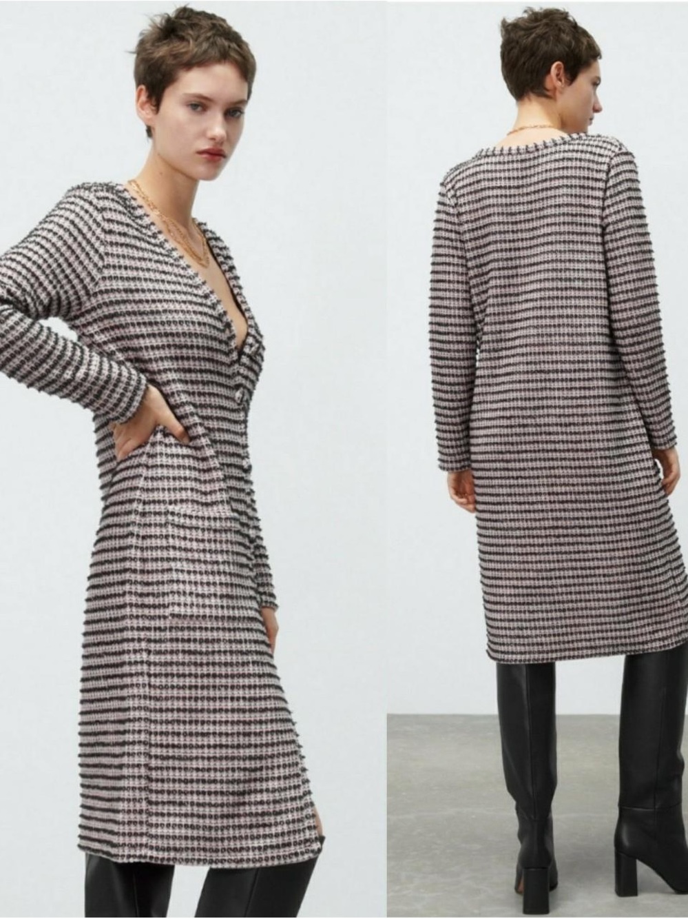 Zara Tweed Pink & Black Houndstooth Button Down Cardigan Midi Dress Sz S